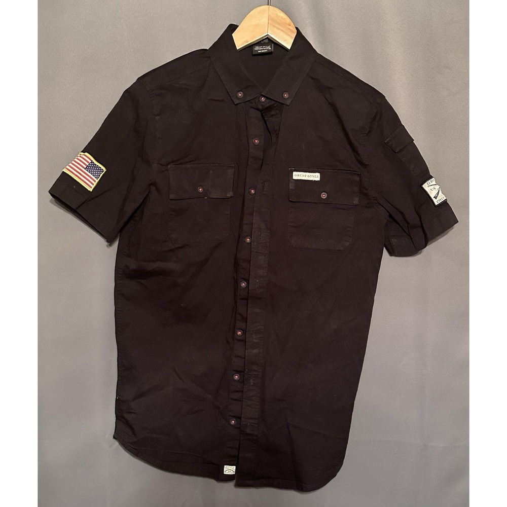 Grunt Style Black Casual Button Down Shirt.